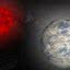 Imagem ilustrativa do recém-descoberto exoplaneta do tamanho da Terra, Gliese 12 b (dir.) junto de sua estrela-mãe anã vermelha (esq.)