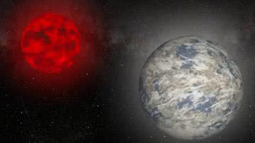Imagem ilustrativa do recém-descoberto exoplaneta do tamanho da Terra, Gliese 12 b (dir.) junto de sua estrela-mãe anã vermelha (esq.) - Reprodução /  Robert Lea