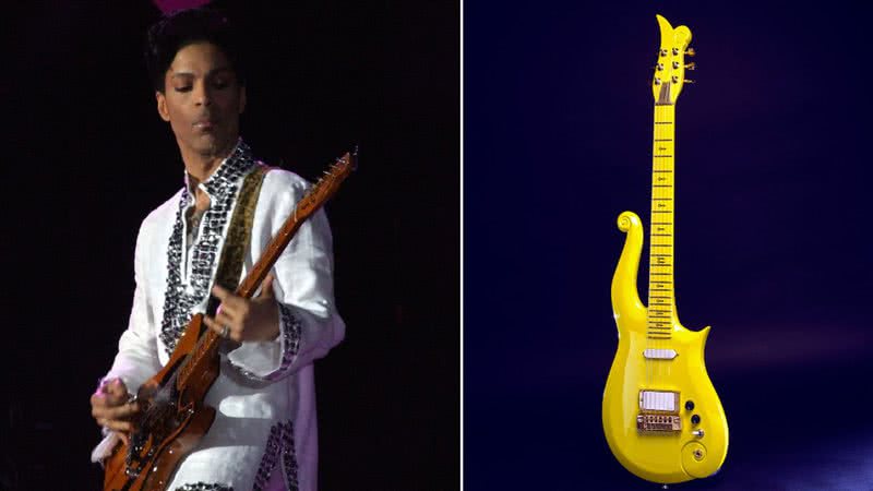 Prince ao lado de guitarra que será leiloada - Penner via Wikimedia Commons e National Museum of American History