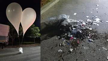 Balões de lixo norte-coreanos e lixo espalhado - Divulgação/Ministério da Defesa da Coreia do Sul