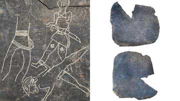 Desenhos sobrepostos de três guerreiros e imagem da pequena tábua de pedra encontrada na Espanha - Divulgação/CSIC/E. Rodríguez/M. Luque