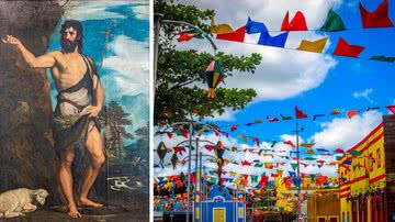 Representação de São João Batista; à direita, cidade enfeitada com bandeirinhas juninas - Wikimedia Commons/Titian e Pixabay/Eduardo Dudu