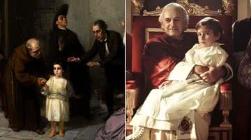 Quadro de 1862 sobre Edgardo Mortara e cena do filme 'O Sequestro do Papa' - Getty Images e Reprodução/Pandora Filmes