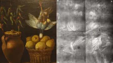 A natureza morta atribuída e Meléndez (à esquerda) e Radiografia da tela que mostra uma pintura oculta (à direita) - Acervo Pessoal