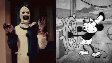 O palhaço Art de 'Terrifier' e Mickey Mouse - Divulgação / A24 e Domínio público