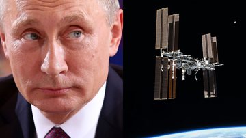 Vladimir Putin, atual presidente da Rússia, e a Estação Espacial Internacional (ISS) - Getty Images / Domínio Público via Wikimedia Commons