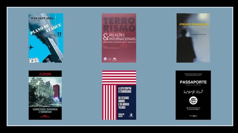 Capas das obras sobre atentados terroristas, disponíveis na Amazon - Crédito: Reprodução / Lafonte / Objetiva / Loyola / Contracorrente / Appris / Companhia das Letras