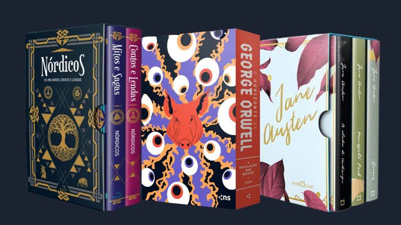Boxes de livros "Nórdicos", "George Orwell" e "Jane Austen"