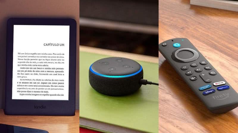 Imgens dos dispositivos Amazon: Kindle, Echo Dot e Fire Stick TV - Crédito: Reprodução / Amazon
