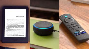 Imgens dos dispositivos Amazon: Kindle, Echo Dot e Fire Stick TV - Crédito: Reprodução / Amazon