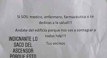 Cartaz ameaçando profissionais da saúde em prédio residencial da Argentina - Divulgação