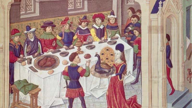 Pintura do século 15 mostrando banquete medieval - Domínio Público