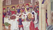 Pintura do século 15 mostrando banquete medieval - Domínio Público