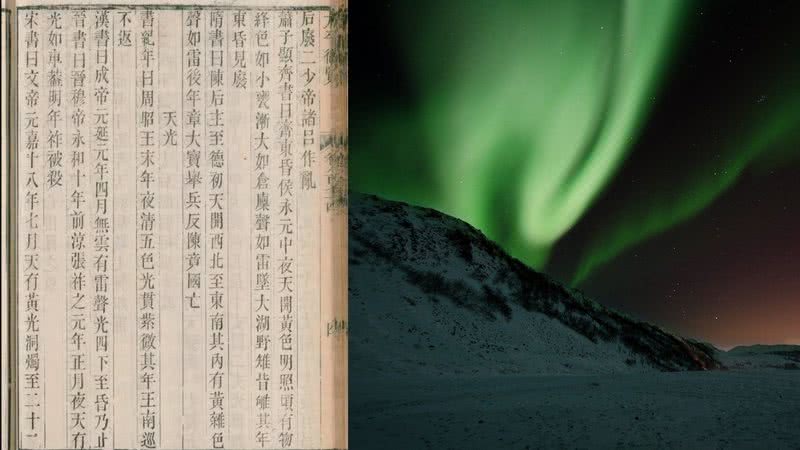 Montagem mostrando texto antigo à esquerda, e fotografia da aurora boreal à direita