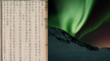Montagem mostrando texto antigo à esquerda, e fotografia da aurora boreal à direita - Divulgação/ Biblioteca Nacional do Japão/ Pixabay/ GHGilbert