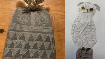 Montagem comparando artefato milenar com desenho atual de coruja feito por criança - Divulgação/ Juan Negro