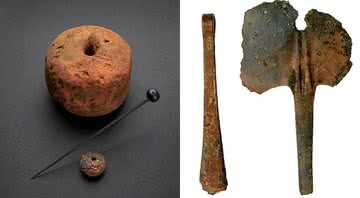 Alfinete e um objeto feito de cerâmica, à esquerda, e uma pinça e navalha, à direita - Divulgação