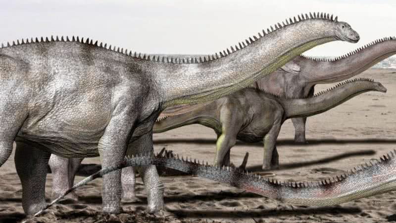 Ilustração representa brontossauros, grandes dinossauros quadrúpedes com pescoço comprido - Imagem por Nobu Tamura pelo Wikimedia Commons