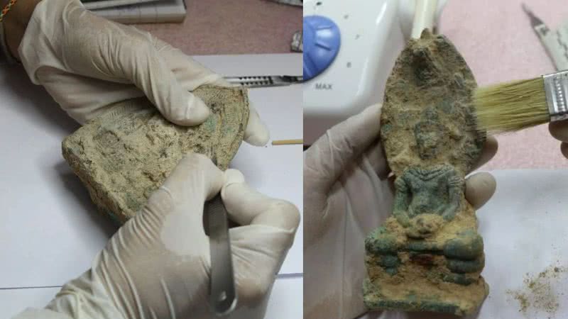 Fotografias de dois dos artefatos encontrados - Divulgação/ Autoridade Nacional de Apsara (ANA)