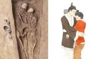 Montagem mostrando fotografia do túmulo e uma ilustração representando o casal - Divulgação/ International Journal of Osteoarchaeology