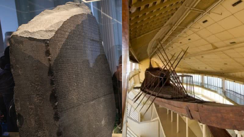 Fotografias da Pedra de Roseta e da Barca funerária de Quéops - Getty Images