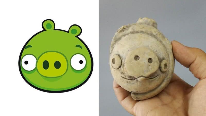 Montagem do artefato antigo ao lado de personagem do jogo Angry Birds - Divulgação / Twitter