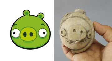 Montagem do artefato antigo ao lado de personagem do jogo Angry Birds - Divulgação / Twitter
