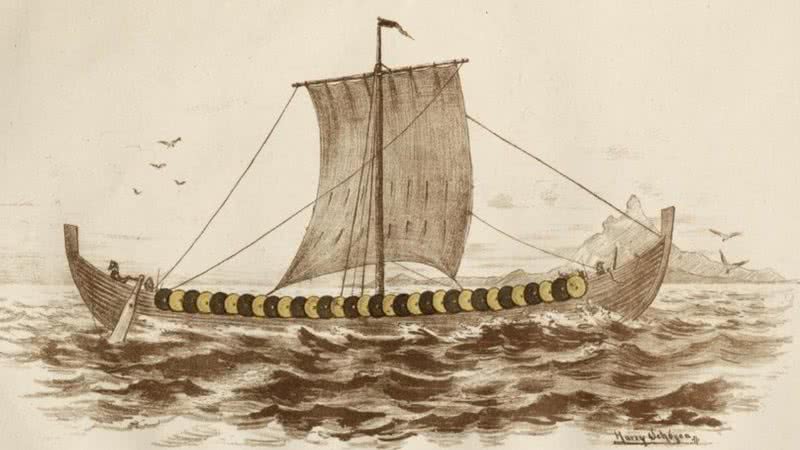 Desenho de 1882 retratando a descoberta do navio viking Gokstad, com seus escudos cercando o barco - Divulgação/Harry Schøyen/Nicolaysen et al, 1882