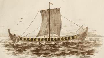 Desenho de 1882 retratando a descoberta do navio viking Gokstad, com seus escudos cercando o barco - Divulgação/Harry Schøyen/Nicolaysen et al, 1882