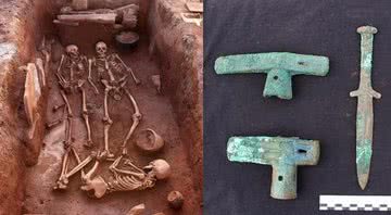 Fotografia dos esqueletos e das armas encontrados na Sibéria - Divulgação