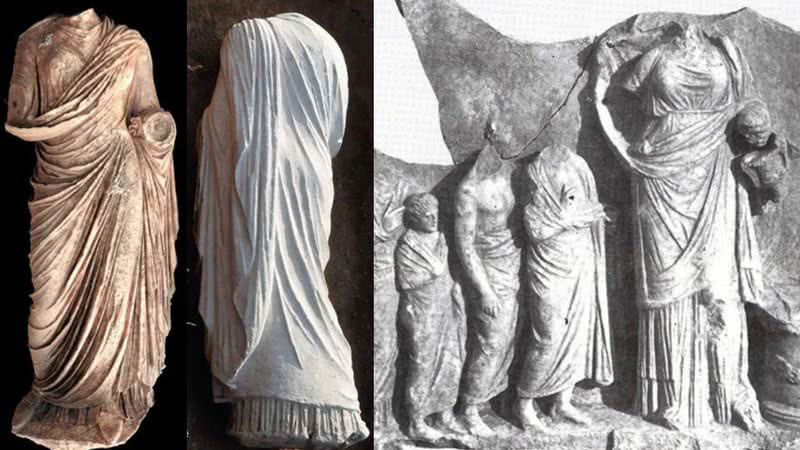 Fotografias e representação da estátua encontrada sem querer