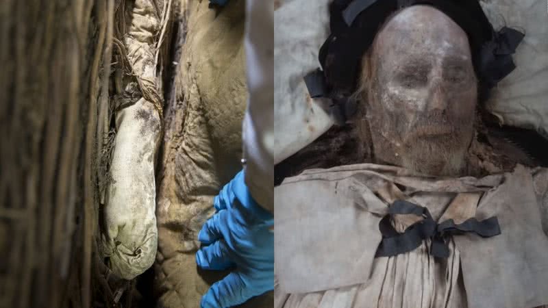 Imagem do feto embrulhado (à esqu.) e os restos mortais do bispo (à dir.) - Divulgação/Universidade de Lund