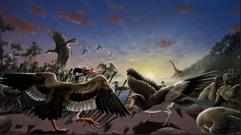 Ilustração dos pássaros que viveram há 120 milhões de anos - Divulgação/Cindy Joli, Julio Francisco Garza Lorenzo e René Dávila Rodríguez
