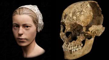 Montagem mostrando reconstrução facial da Jane e fotografia de seu crânio - Divulgação/ Jamestown Rediscovery