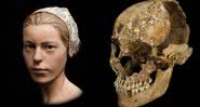 Montagem mostrando reconstrução facial da Jane e fotografia de seu crânio - Divulgação/ Jamestown Rediscovery