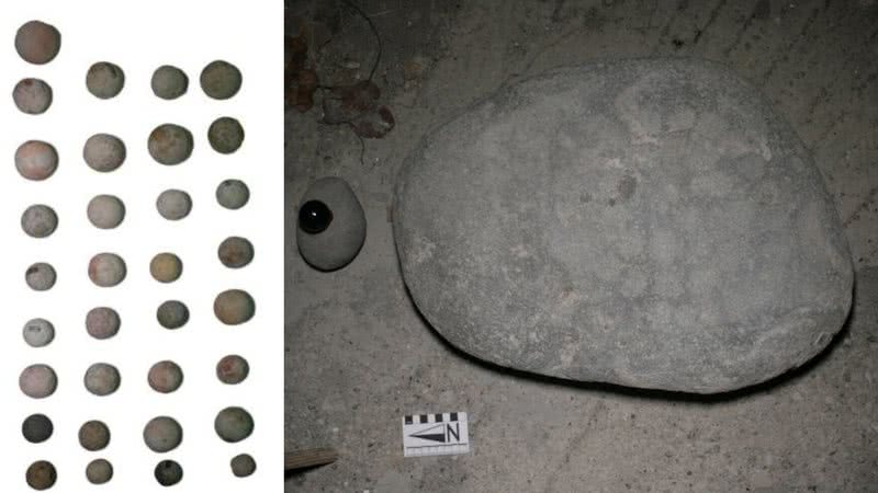 Fotografia mostrando peças circulares analisadas, assim como as lajes que teriam servido de "tabuleiro" - Divulgação/ Konstantinos Trimmis