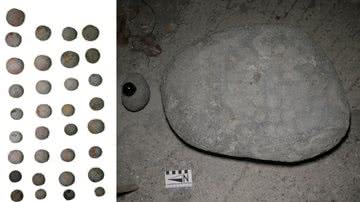 Fotografia mostrando peças circulares analisadas, assim como as lajes que teriam servido de "tabuleiro" - Divulgação/ Konstantinos Trimmis