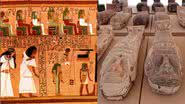 Montagem mostra o 'Livro da Morte' e um registro dos sarcófagos de nova descoberta - Divulgação/ Ministério de Turismo e Antiguidades do Egito/ Wikimedia Commons