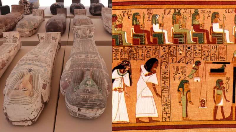 Montagem mostrando sarcófagos de nova descoberta, e um registro do 'Livro da Morte' - Divulgação/ Ministério de Turismo e Antiguidades do Egito/ Wikimedia Commons