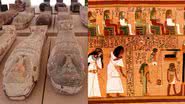 Montagem mostrando sarcófagos de nova descoberta, e um registro do 'Livro da Morte' - Divulgação/ Ministério de Turismo e Antiguidades do Egito/ Wikimedia Commons