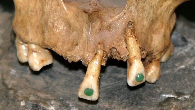 Exemplo de crânio maia com dentes decorados - Divulgação/ Wikimedia Commons/ Davis Dennis