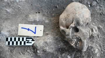 Crânio masculino com jade incrustrada nos dentes superiores, encontrado sob pirâmide maia no México - Divulgação/INAH/Projeto de Reforma Moral