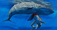 Ilustração do tubarão alimentando-se da grande baleia - Reprodução / Museu Marinho de Calvert (Tim Scheirer and Clarence (Shoe) Schumaker)