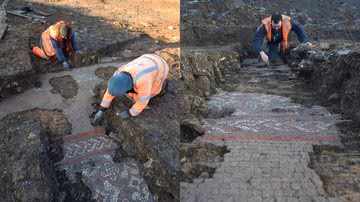 Fotografias de mosaico romano descoberto sob obras de mercado na Inglaterra - Reprodução/Facebook/Oxford Archaeology