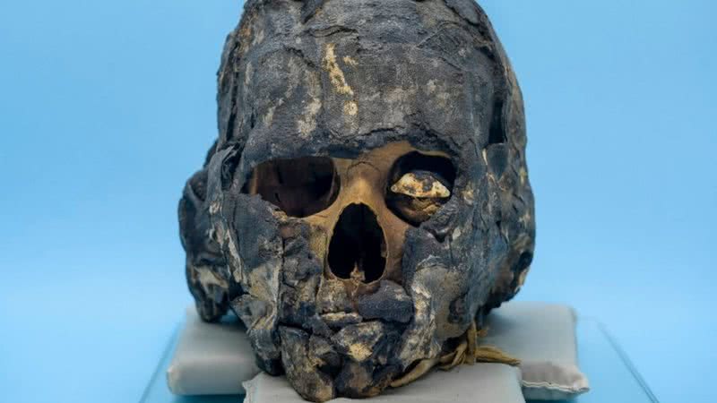 Fotografia do crânio mumificado. - Divulgação/ PUCRS