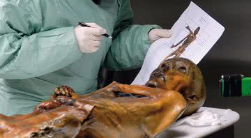 Fotografia de cientista analisando a múmia de Ötzi - Divulgação/ Museu de Arqueologia do Tirol do Sul