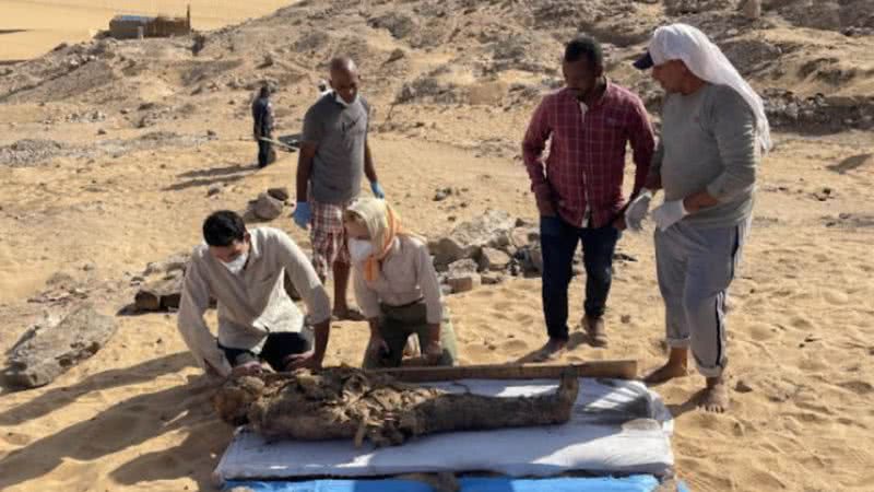 Equipe da missão de escavação com a múmia grega encontrada