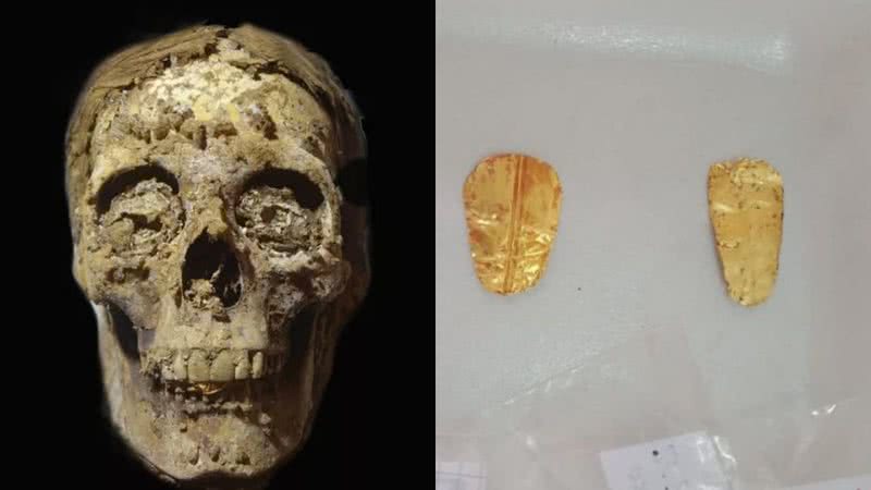 Múmia e línguas de ouro descobertas no sítio arqueológico de Oxyrhynchus, Egito