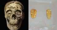 Múmia e línguas de ouro descobertas no sítio arqueológico de Oxyrhynchus, Egito - Divulgação/Ministério do Turismo e Antiguidades do Egito