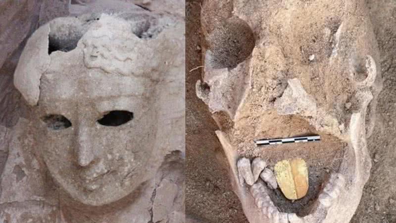 Fotografias de máscara funerária e de múmia com 'língua de ouro' - Divulgação/Ahram Online/Ministério do Turismo e Antiguidades do Egito